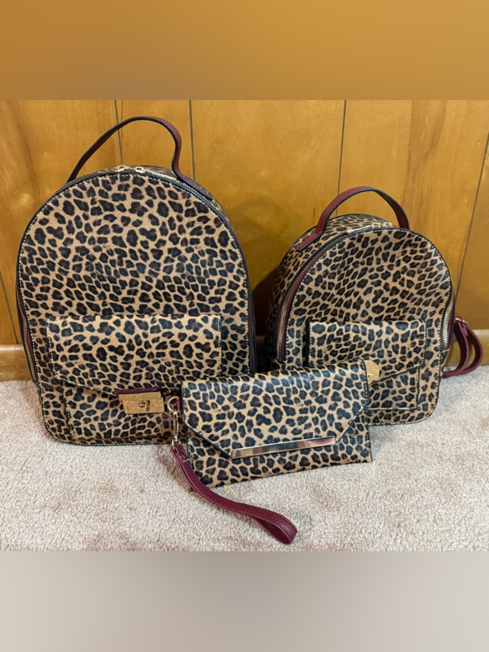 Leopard Print Backpack and Wristlet 3 piece Set - Brown/Cheetah